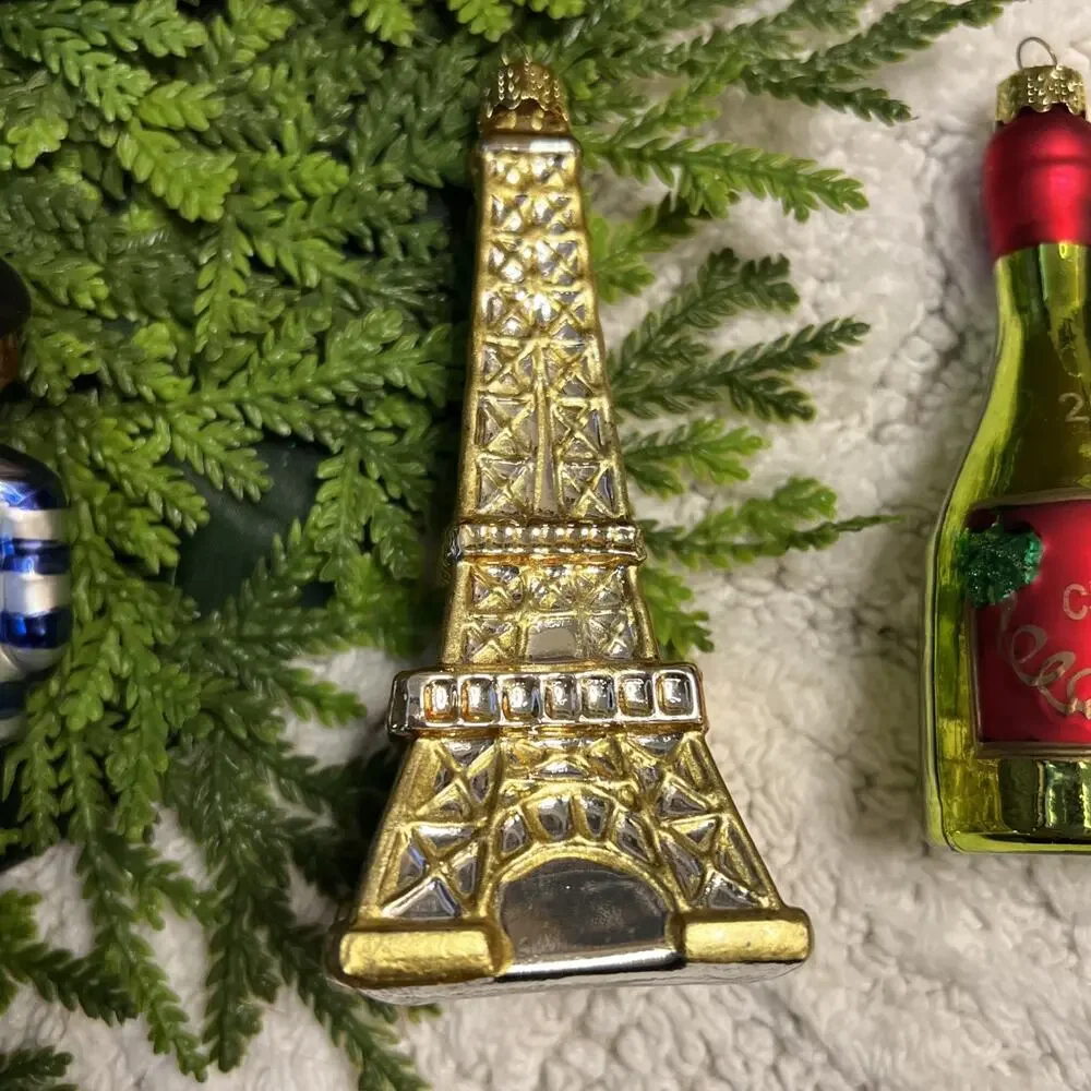 World Market Glass Christmas Ornaments Paris France Eiffel Tower Champagne Art